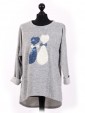 Italian Cat Embossed High Low Glittery Top Grey