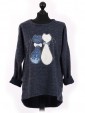 Italian Cat Embossed High Low Glittery Top Navy