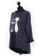 Italian Cat Embossed High Low Glittery Top Navy Side