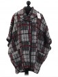 Ladies Check Pattern Wool Mix Knitted Poncho Grey 