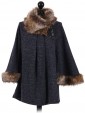 Italian Ladies Batwing Sleeves Fur Poncho navy