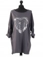 Italian Sequin Heart Cotton Top Charcoal