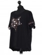 Italian Cotton Sequin Star and Sequin Sleeves Hem Lagenlook Top black side