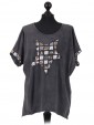 Italian Cotton Sequin Star and Sequin Sleeves Hem Lagenlook Top grey