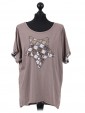 Italian Cotton Sequin Star and Sequin Sleeves Hem Lagenlook Top mocha