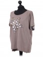 Italian Cotton Sequin Star and Sequin Sleeves Hem Lagenlook Top mocha side