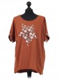 Italian Cotton Sequin Star and Sequin Sleeves Hem Lagenlook Top rust