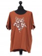 Italian Cotton Sequin Star and Sequin Sleeves Hem Lagenlook Top rust