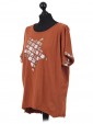 Italian Cotton Sequin Star and Sequin Sleeves Hem Lagenlook Top rust side