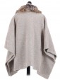 Ladies Faux Fur Collar Buttoned Poncho Beige Back