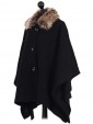 Ladies Faux Fur Collar Buttoned Poncho Black Side