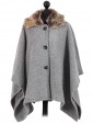 Ladies Faux Fur Collar Buttoned Poncho Grey