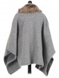 Ladies Faux Fur Collar Buttoned Poncho Grey Back