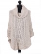 Italian Ladies Wool Mix Turtle Neck Knitted  Poncho beige