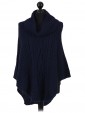 Italian Ladies Wool Mix Turtle Neck Knitted Poncho navy